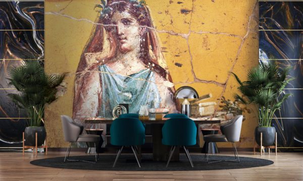 Modern dining room design of wallpaper and black marble decorative mural