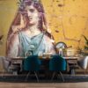 Modern dining room design of wallpaper and black marble decorative mural