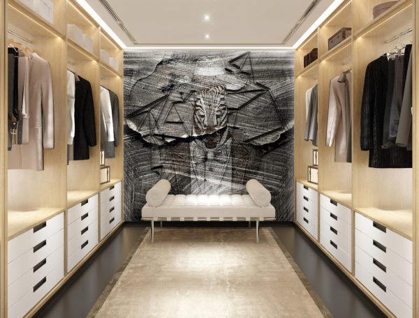Luxury modern light wood dressing room with daybed and charcoal zebra wallpaper mural