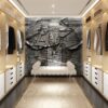 Luxury modern light wood dressing room with daybed and charcoal zebra wallpaper mural