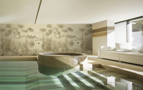 Indoor pool of private villa with wetlands mural