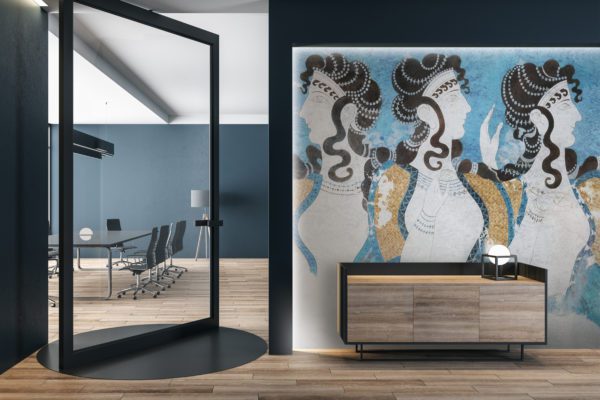 Minimalistic conference interior with modern swing door.