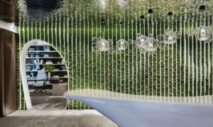 A showroom with green walls adorned with Melbourne wallpaper.
